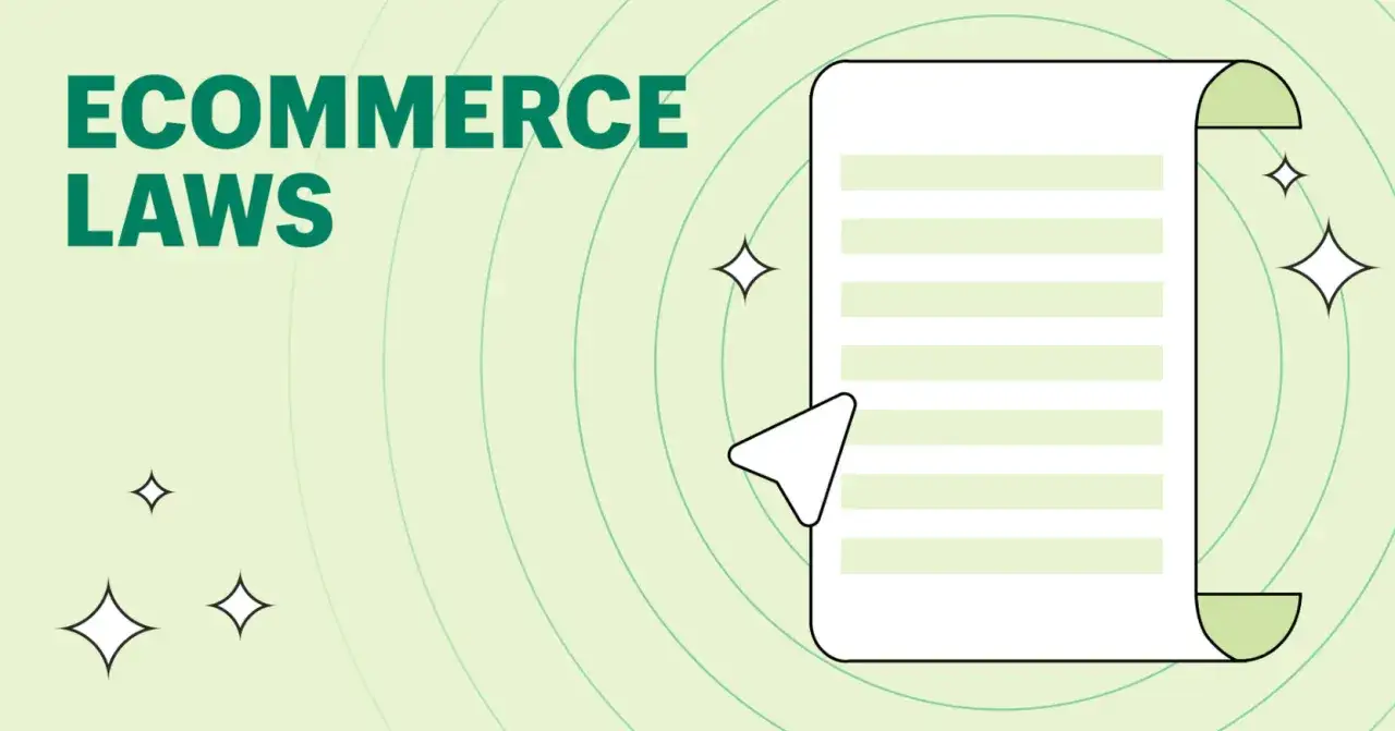 Legge sull'e-commerce e DMCA per Shopify. Un documento stilizzato con righe verdi e un cursore bianco puntano verso di esso.