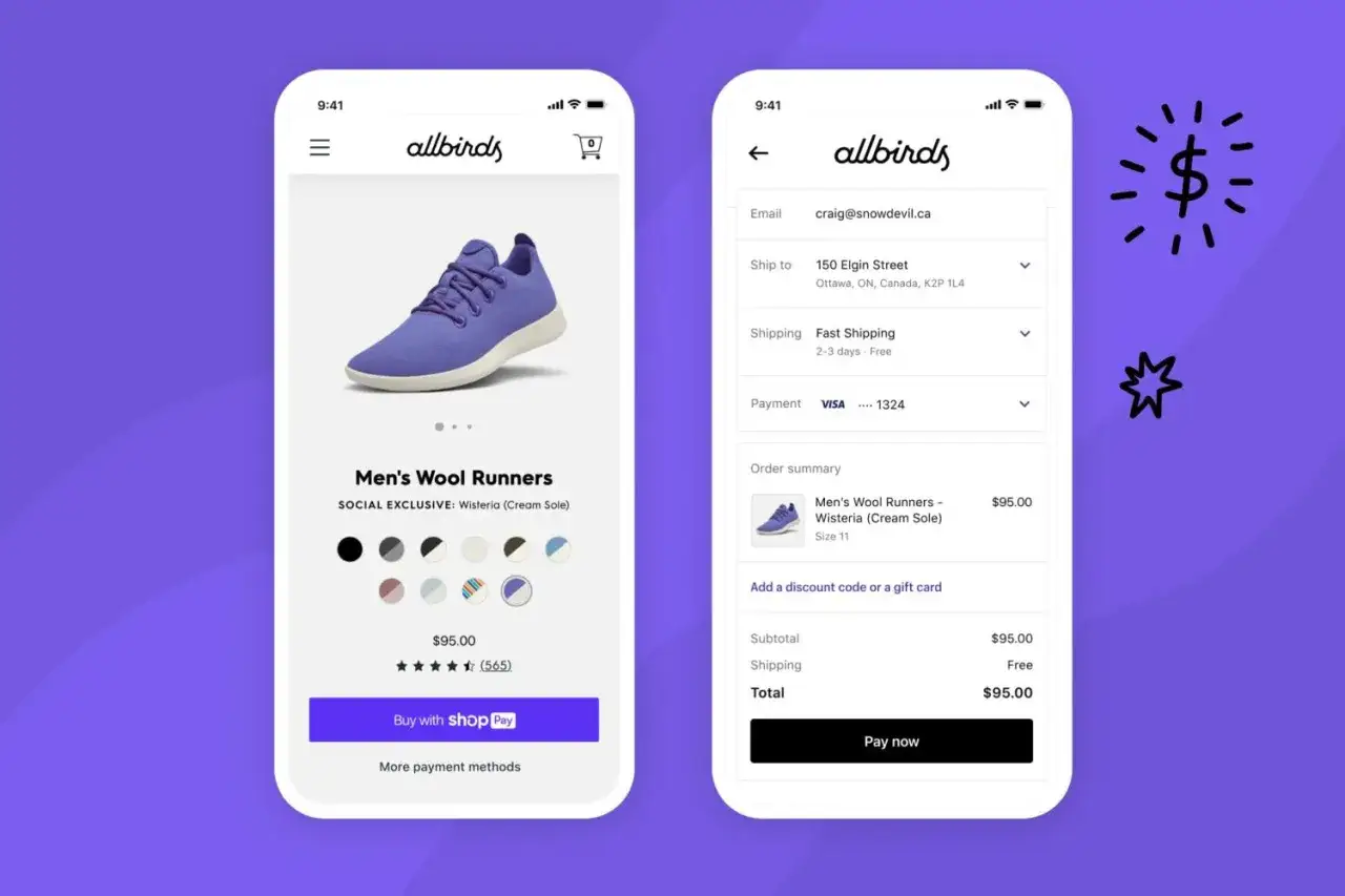 Come comprare su Shopify: interfaccia mobile per l'acquisto di scarpe Allbirds, con dettagli su spedizione e pagamento.