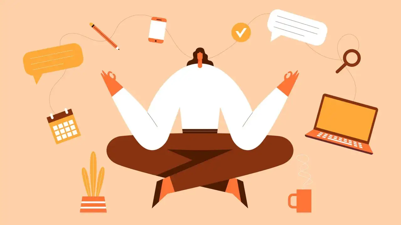 Persona in meditazione, circondata da icone digitali. Un momento di digital detox per ritrovare la serenit&agrave;.