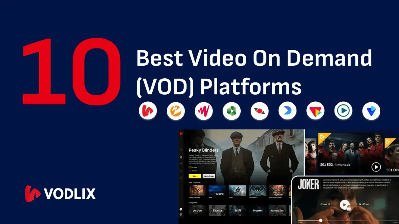 Le 10 migliori piattaforme video on demand (VOD) con icone di servizi di streaming e anteprime di serie TV.