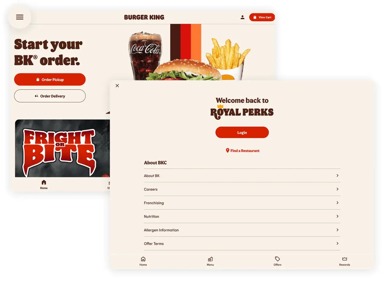 Menu ad hamburger Burger King con opzioni di ordine e login Royal Perks.