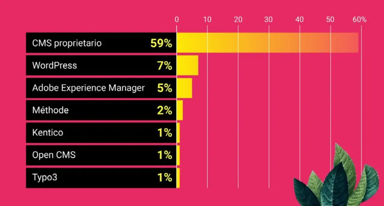 Grafico a barre mostra i CMS più usati in Italia: CMS proprietario domina con il 59%, seguito da WordPress (7%).
