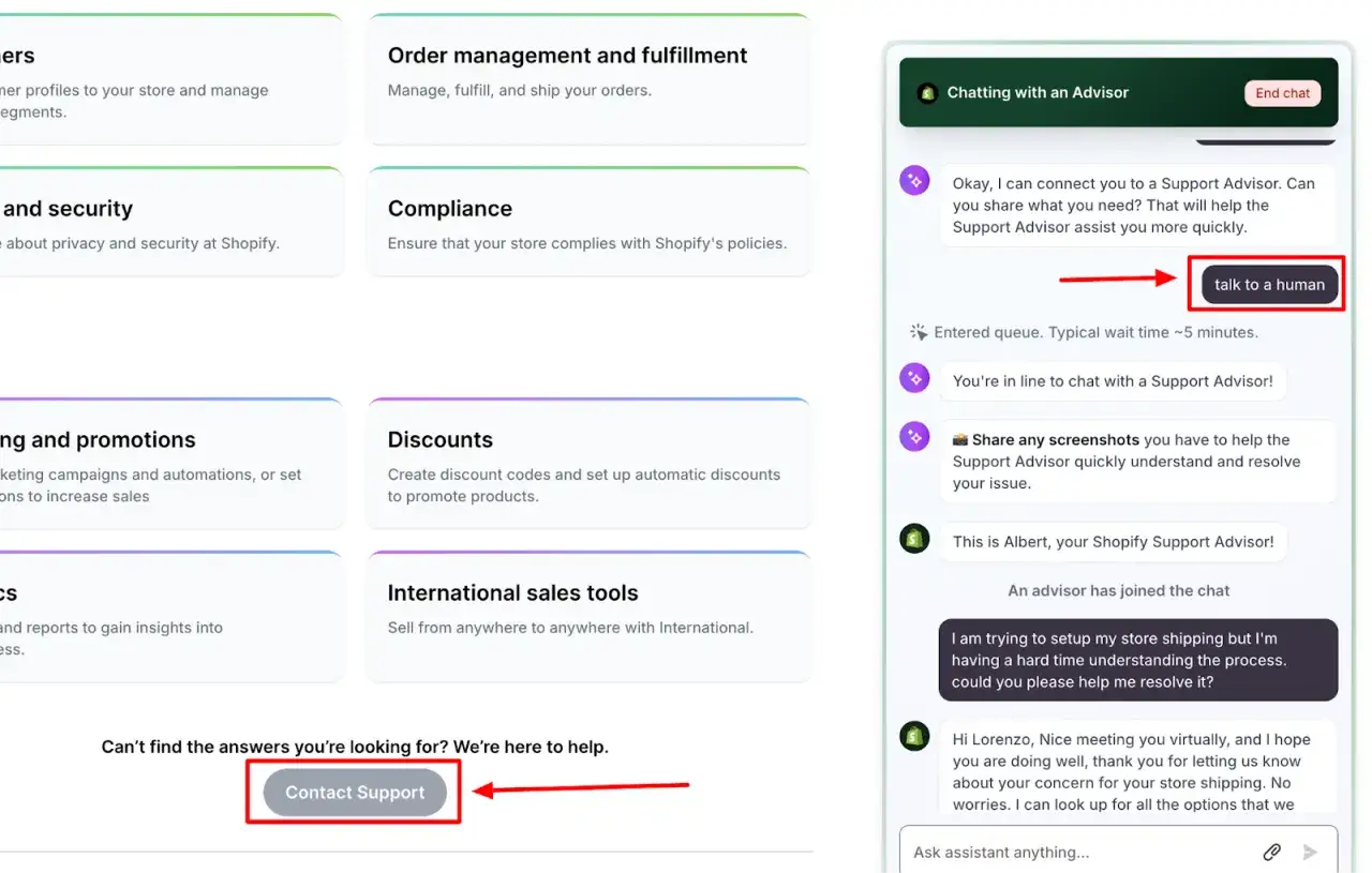 Chat Shopify: un utente cerca aiuto per la spedizione del negozio, parla con un consulente e clicca su 
