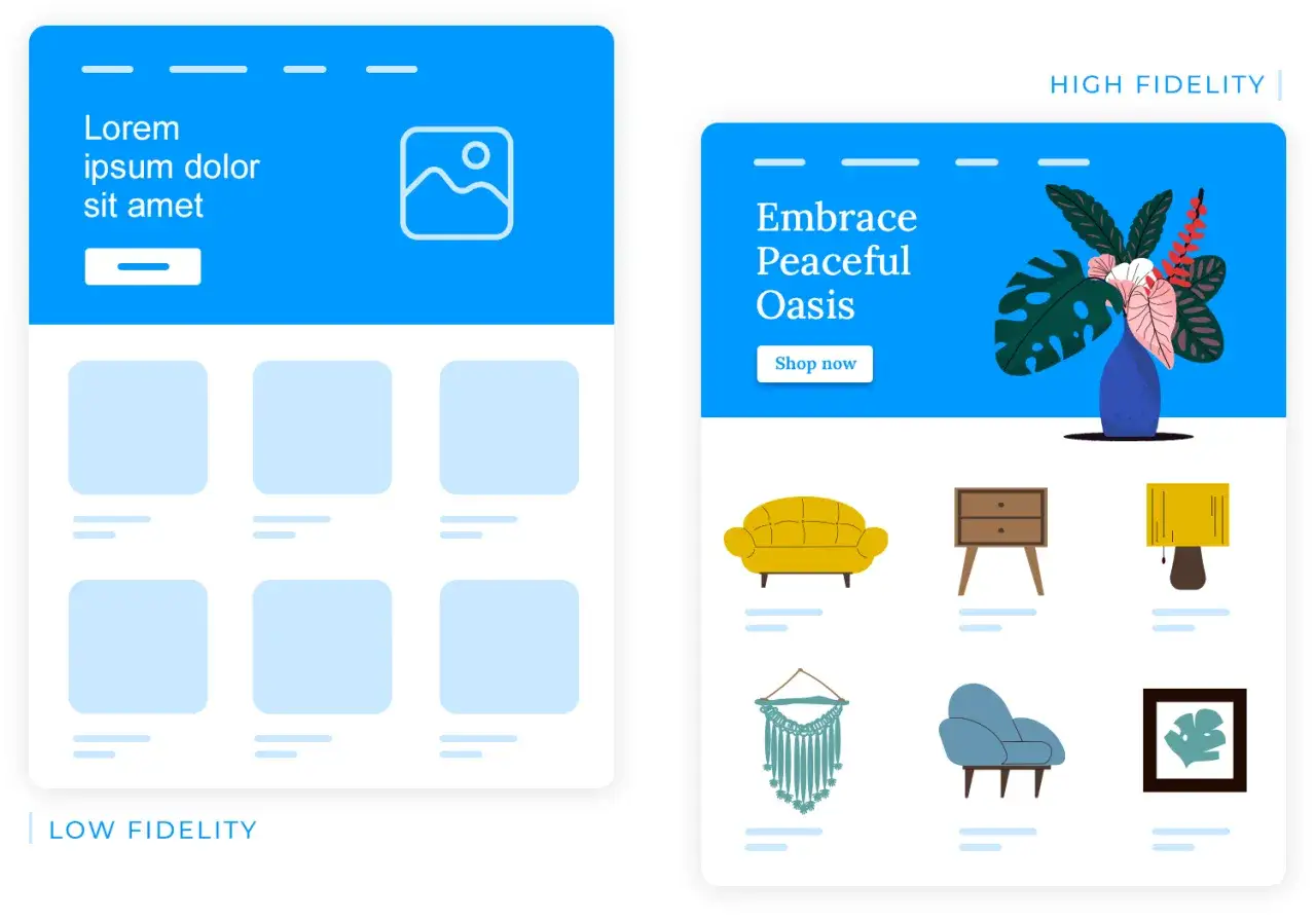 Confronto tra mockup: low fidelity (scheletrico) e high fidelity (con dettagli e prodotti come divano, lampada, poltrona).