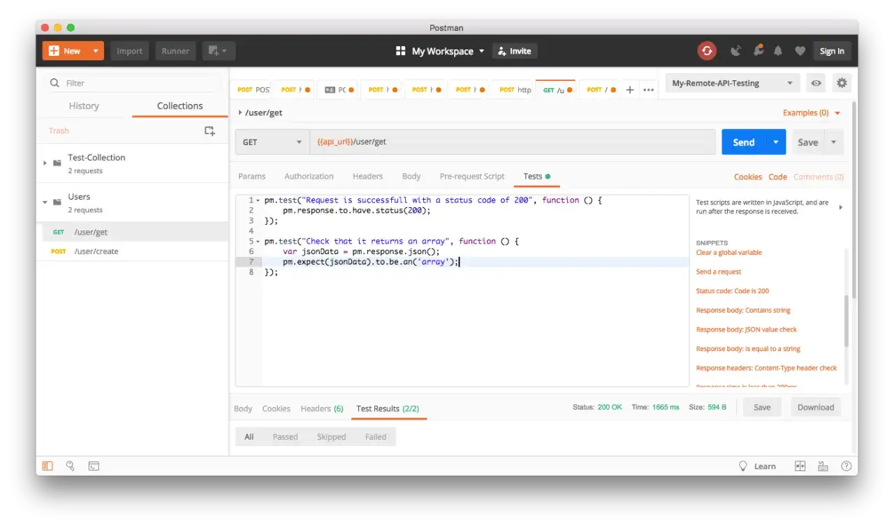 Postman mostra un test webhook per l'endpoint /user/get, verificando lo stato 200 e che la risposta sia un array.