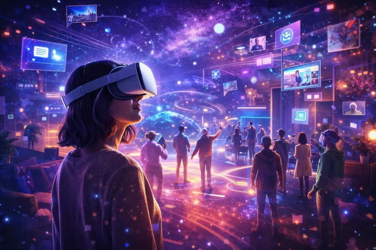 Ragazza con visore VR esplora un metaverso esempio, un mondo digitale vibrante con avatar e schermi fluttuanti.