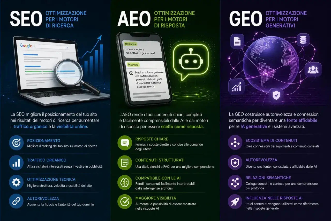 SEO, AEO, GEO: strategie per l'autorevolezza. SEO per motori di ricerca, AEO per risposte AI, GEO per IA generative.
