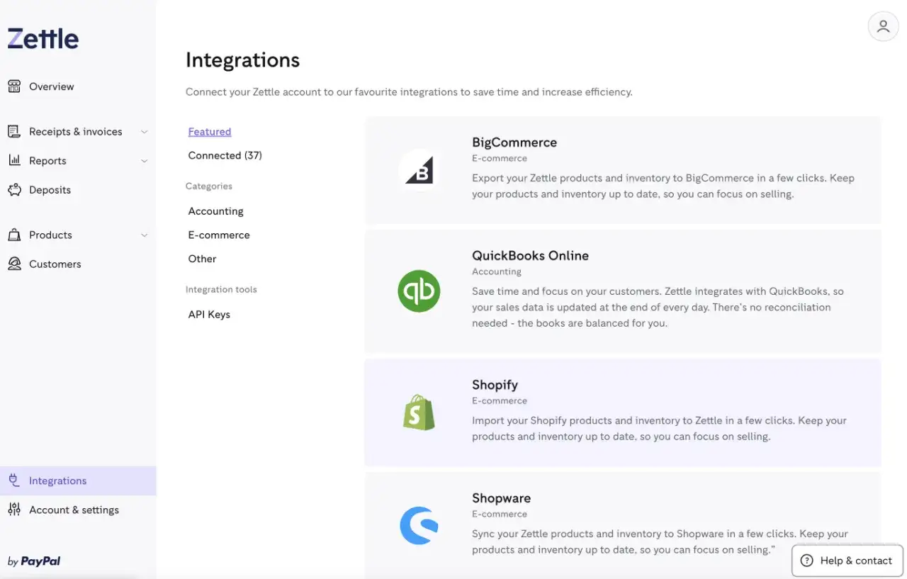 Schermata di integrazioni Zettle, con Shopify in evidenza per sincronizzare prodotti e inventario.