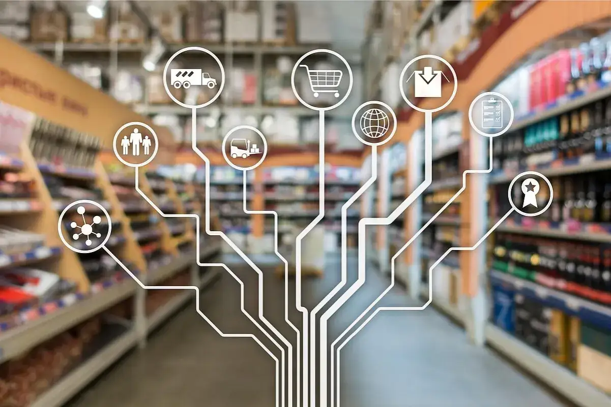 Icone digitali su un negozio fisico, che illustrano il concetto di click and mortar: dalla logistica all'e-commerce, tutto connesso.