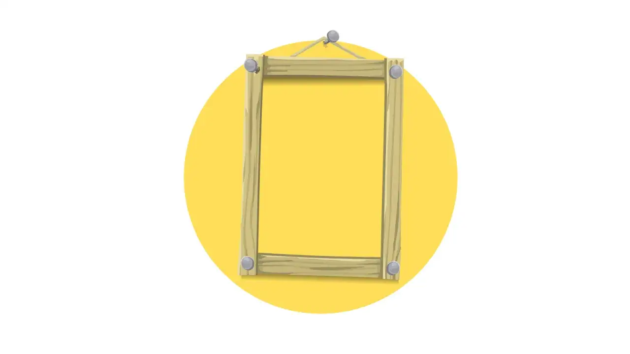 Cornice di legno grezzo appesa con chiodi su sfondo giallo. Il framing significato è racchiudere, definire uno spazio.
