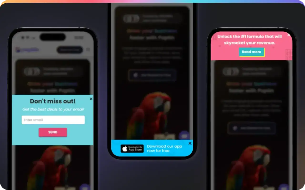 Tre schermate di smartphone mostrano notifiche pop-up: una per iscriversi alle offerte via email, una per scaricare un'app e una per leggere un articolo.