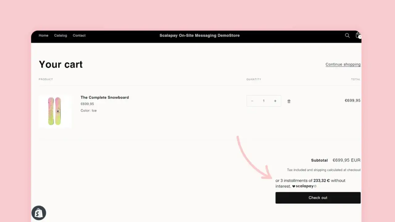 Carrello con snowboard e opzione di pagamento Scalapay per 3 rate senza interessi.