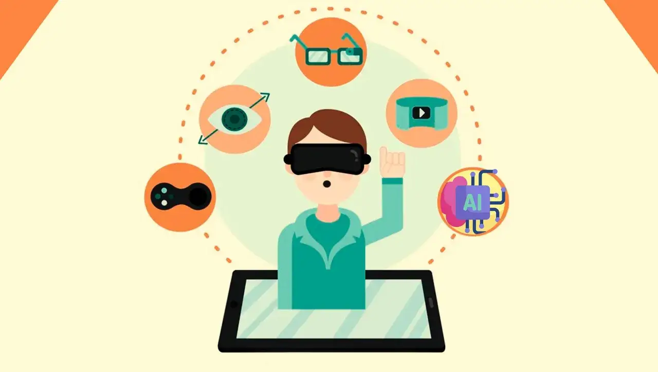 Ragazzo con visore VR, controller, occhiali, occhio, schermo e chip AI. Il phygital significato &egrave; l'unione tra fisico e digitale.