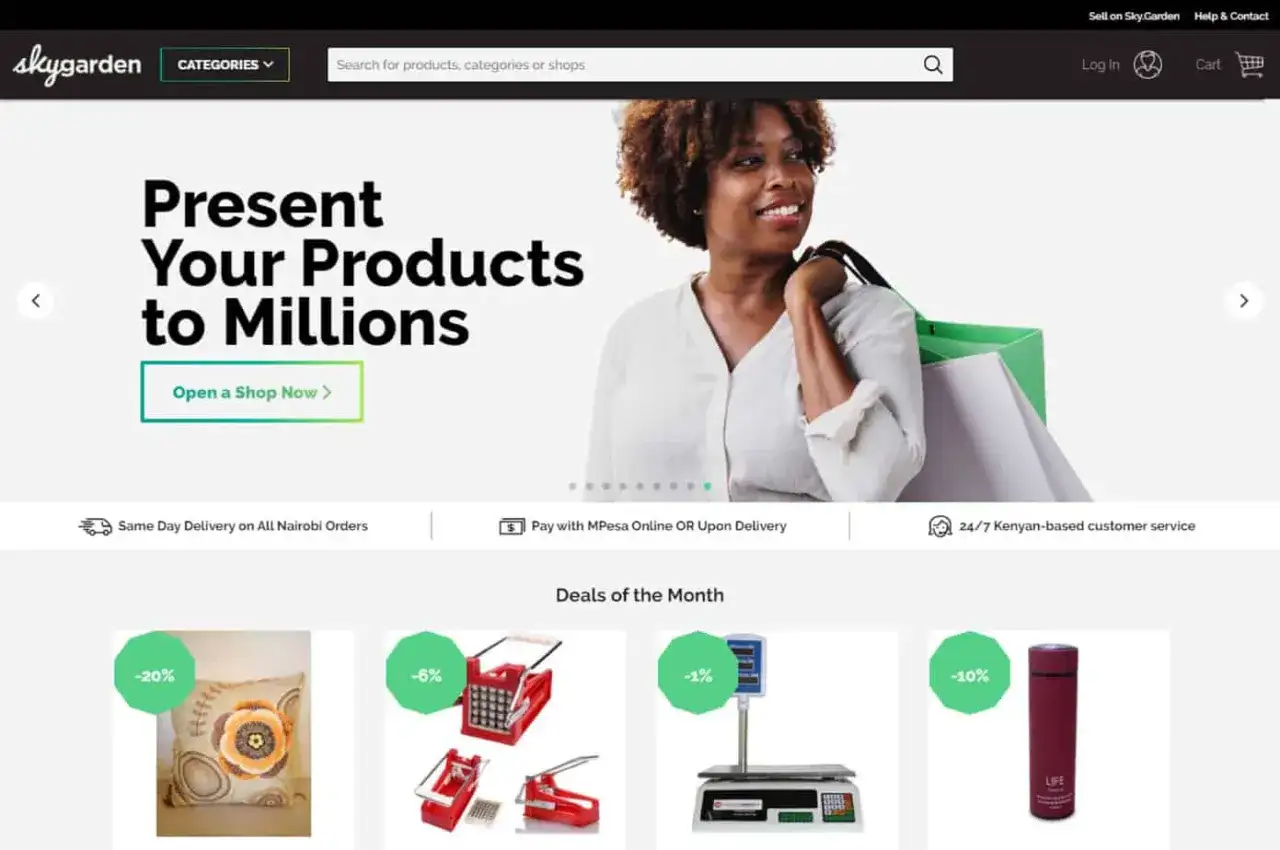 Pagina principale di Skygarden, ideale per chi vuole creare un sito con Shopify. Offre prodotti in offerta e servizi di consegna.
