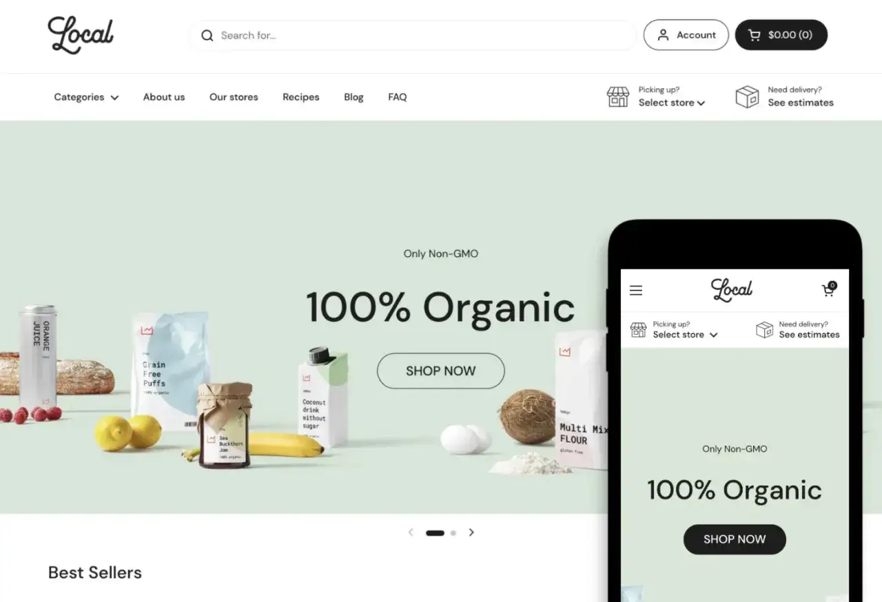 Sito web di alimenti biologici con prodotti come succhi, farine e snack. Ideale per chi cerca temi Shopify gratis per un e-commerce salutare.