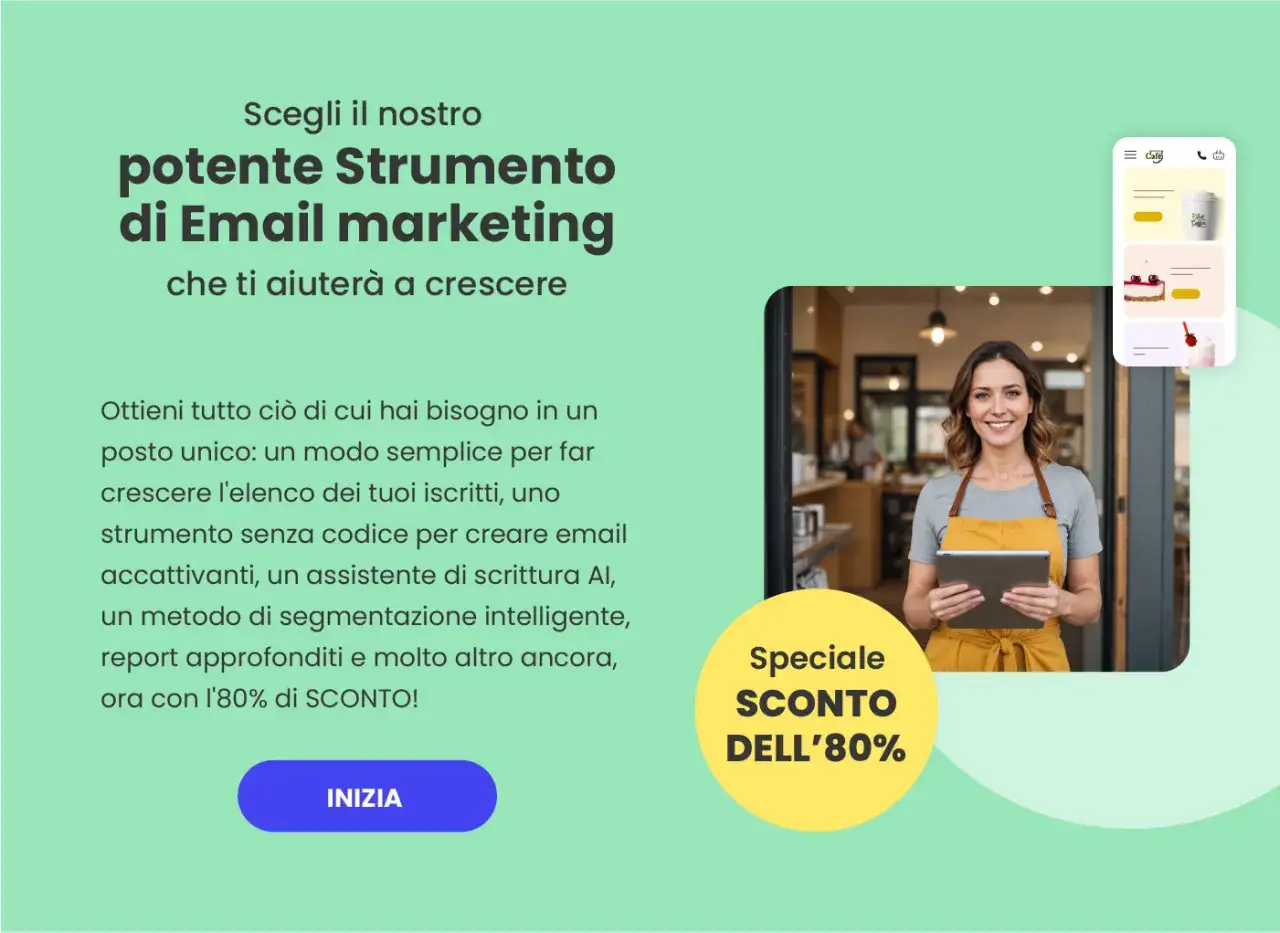 Donna sorridente con tablet in un caff&egrave;, promuove uno strumento di email marketing con uno sconto speciale.