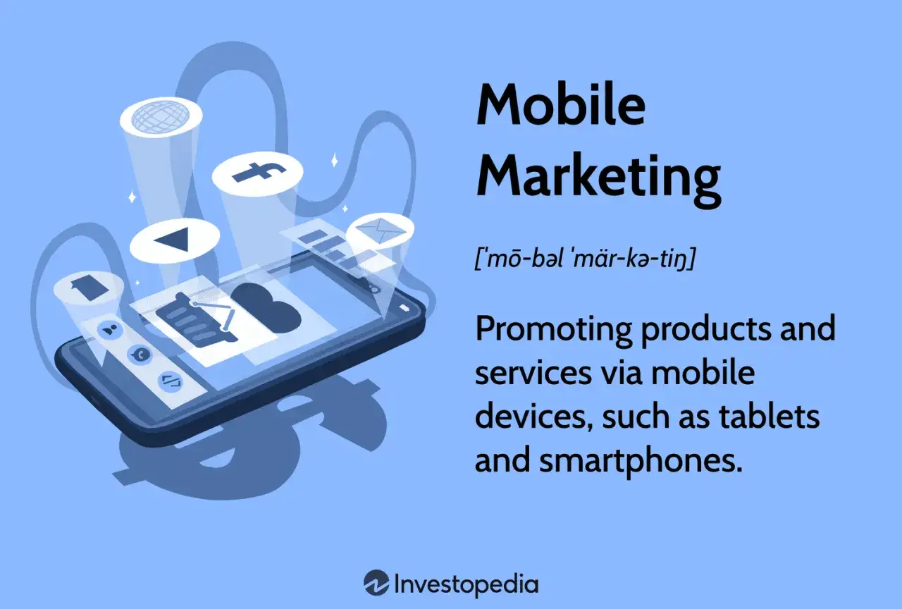 Smartphone con icone social e di comunicazione, che illustra il concetto di mobile marketing per promuovere prodotti e servizi.