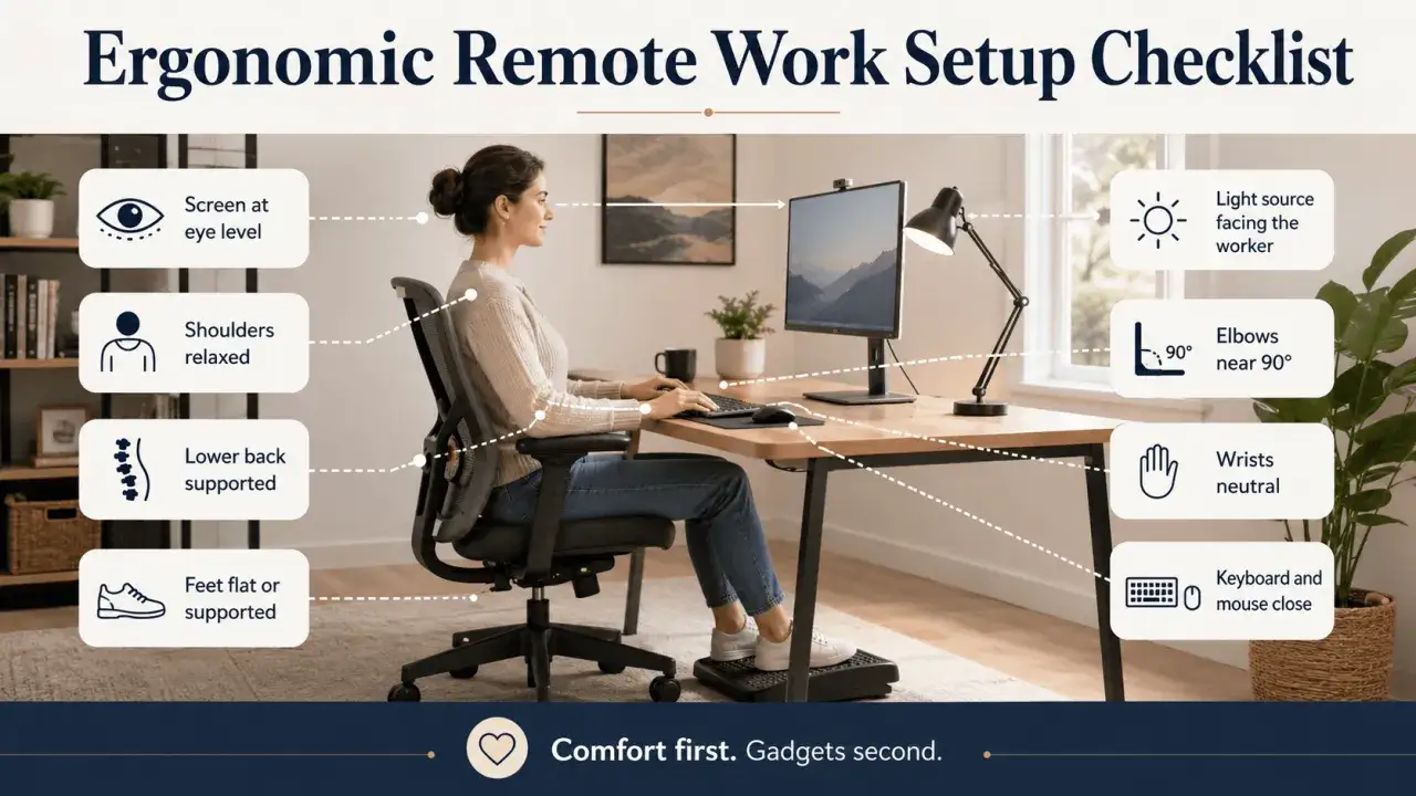 Donna lavora da remoto con postazione ergonomica: schermo all'altezza degli occhi, schiena supportata, gomiti a 90&deg;. Il significato del lavoro da remoto &egrave; anche benessere.