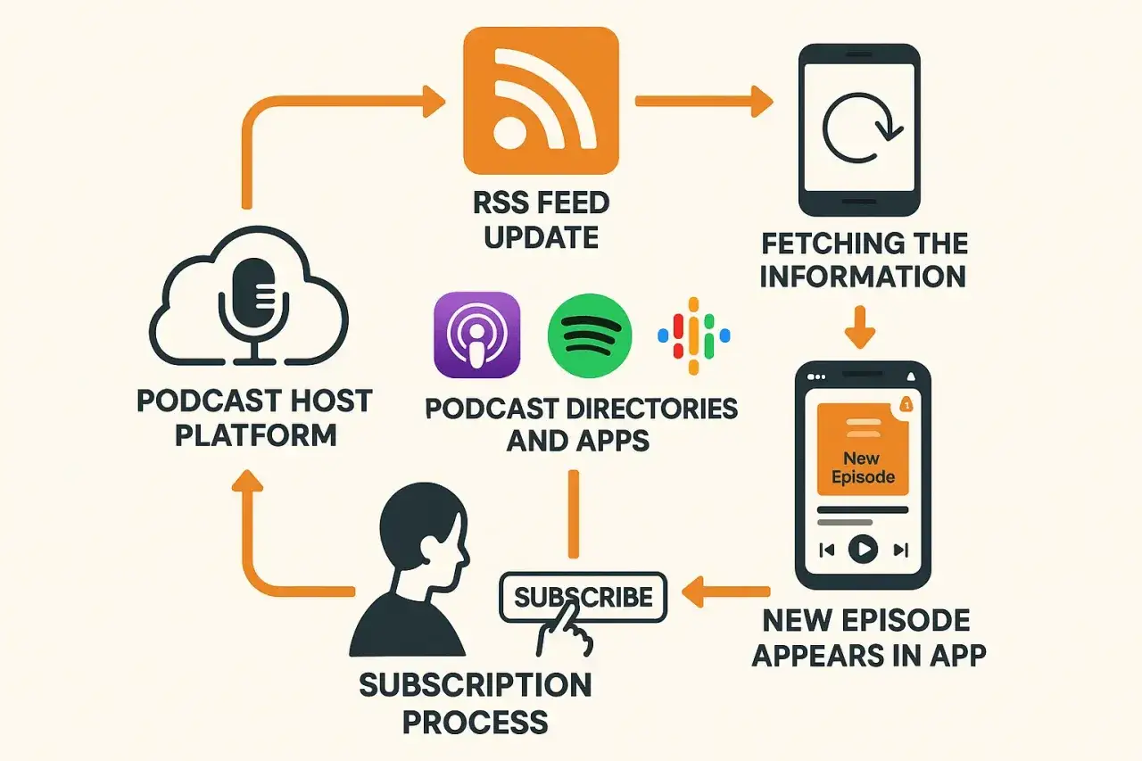Diagramma del processo di sottoscrizione di un podcast: dalla piattaforma host all'aggiornamento RSS, alle app e alla notifica di un nuovo episodio.