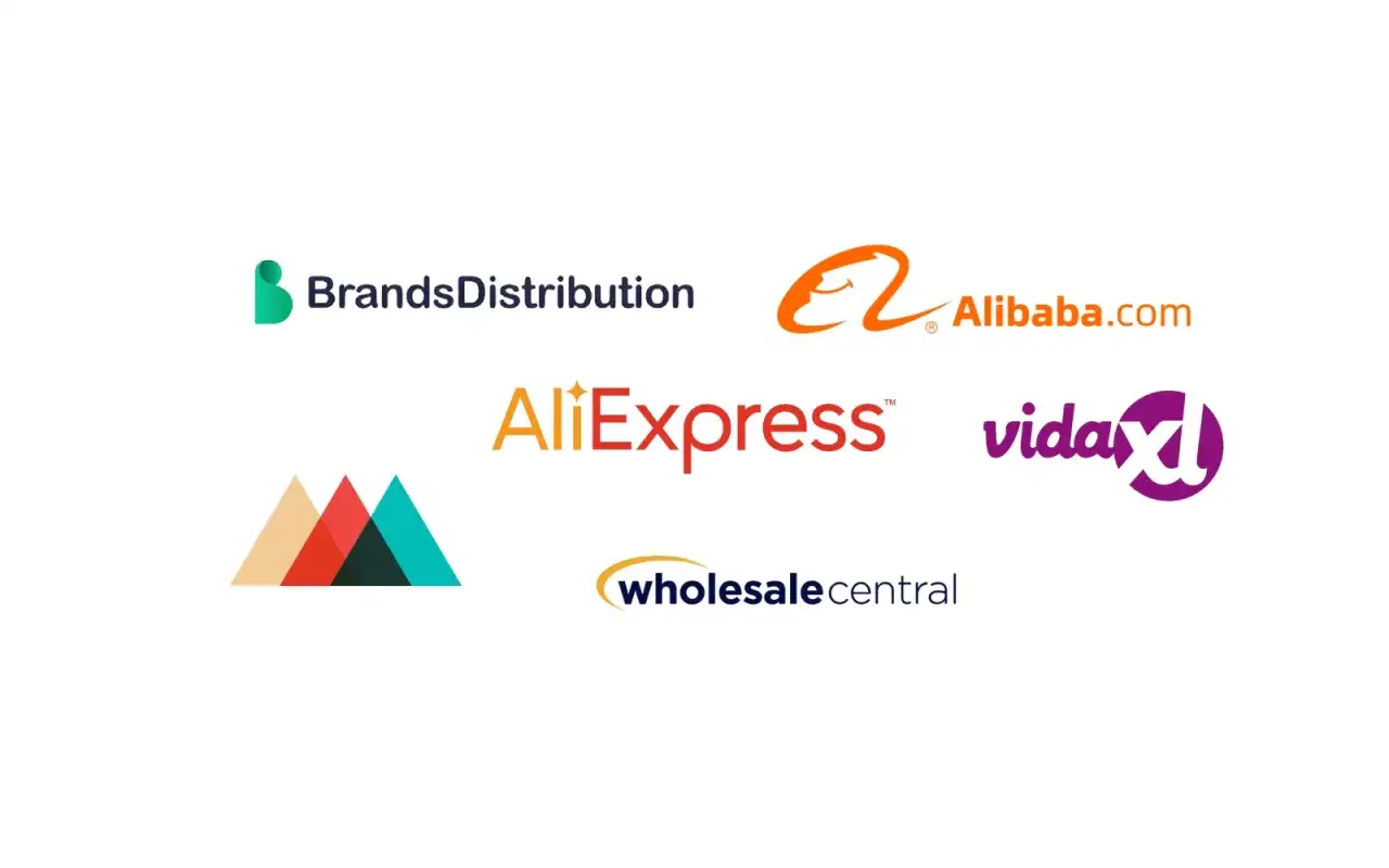 Loghi di piattaforme per il dropshipping: BrandsDistribution, Alibaba, AliExpress, vidaXL, Wholesale Central. Scopri come iniziare il dropshipping con questi fornitori.