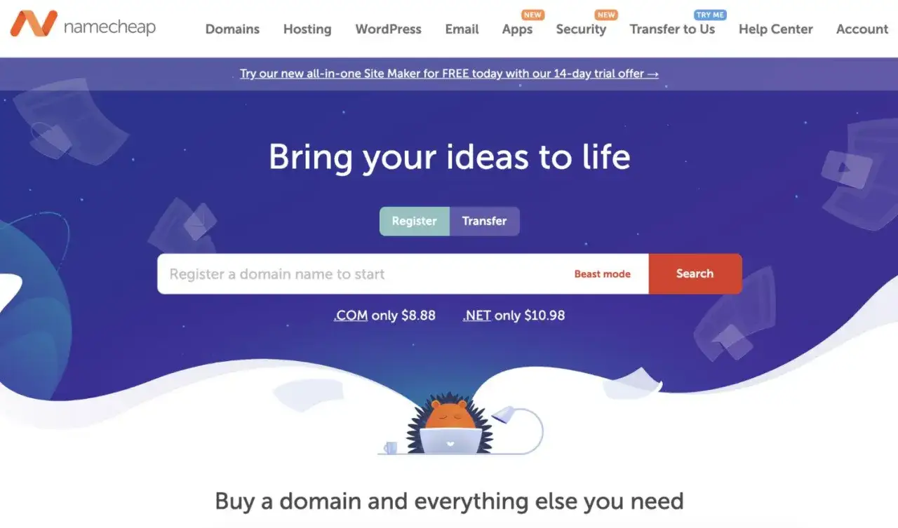 Pagina Namecheap per trovare il dominio ideale. Inserisci il nome desiderato per iniziare la ricerca.