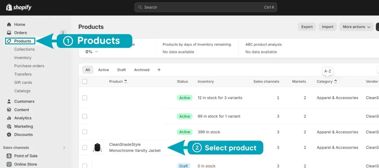 Interfaccia Shopify: seleziona 