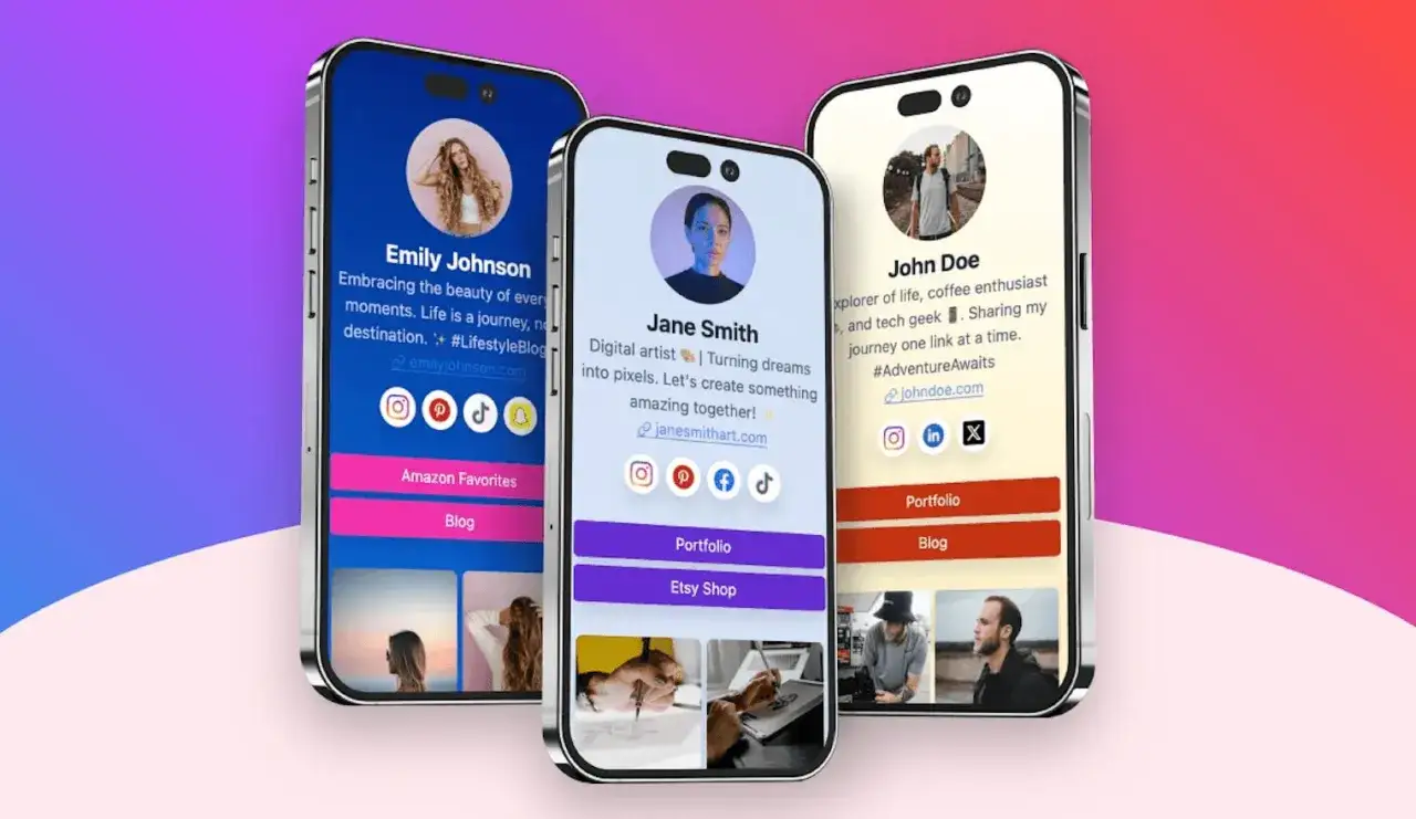 Tre smartphone mostrano profili con foto, bio e link social. Un esempio di cos'è Linktree per condividere tutto in un unico posto.