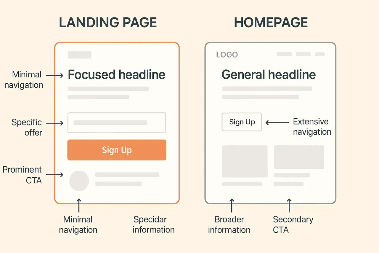 Confronto tra landing page e homepage: la landing page cos'&egrave;? Minimalista, focalizzata su un'offerta specifica e con CTA evidente.