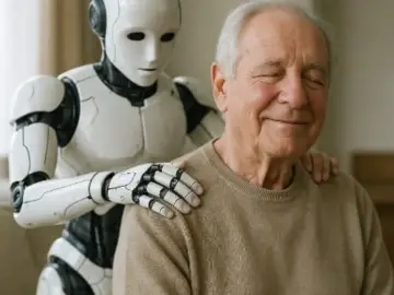 Un anziano sorride con gli occhi chiusi mentre un social robot gli massaggia le spalle, offrendo compagnia e assistenza.