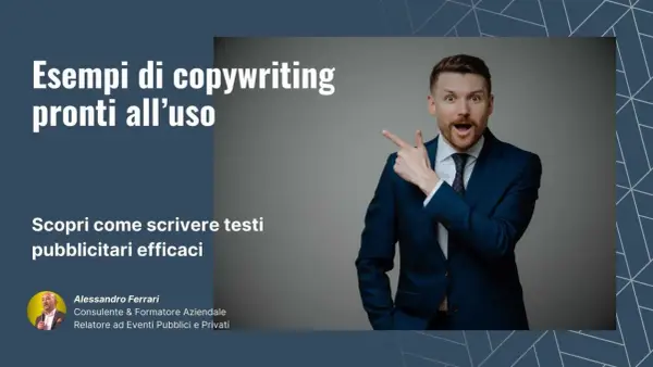 Uomo sorpreso indica esempi di copywriting efficaci. Impara a creare testi pubblicitari vincenti con Alessandro Ferrari.