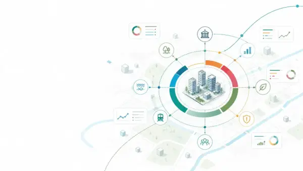 Illustrazione di una città con icone che rappresentano dati, ambiente, trasporti e comunità, suggerendo il content repurposing di informazioni per una visione olistica.