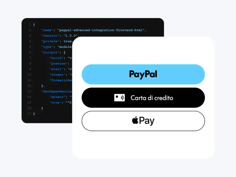 Codice per integrazione frontend PayPal, con opzioni di pagamento come PayPal Express Checkout, carta di credito e Apple Pay.