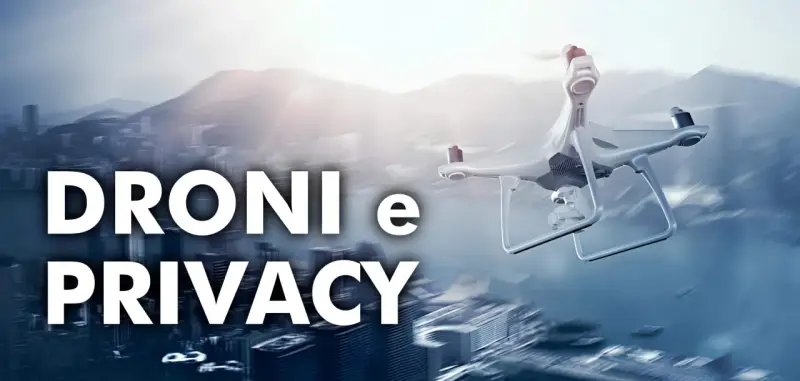 Un drone sorvola una città sfocata, sollevando interrogativi su droni e privacy.