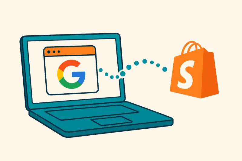 Un laptop con il logo Google mostra dati che fluiscono verso un sacchetto arancione con la S di Shopify, suggerendo l'ottimizzazione del **shopify sitemap** per la ricerca.
